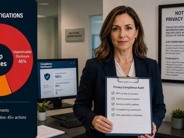 HIPAA privacy standards insights article featured image showing a female healthcare privacy officer holding a compliance audit clipboard in front of a Notice of Privacy Practices wall notice, with a donut chart of top OCR investigation categories in the left panel.