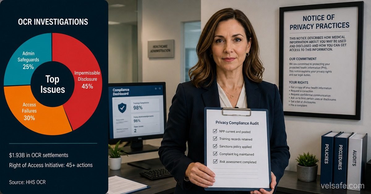 HIPAA privacy standards insights article featured image showing a female healthcare privacy officer holding a compliance audit clipboard in front of a Notice of Privacy Practices wall notice, with a donut chart of top OCR investigation categories in the left panel.