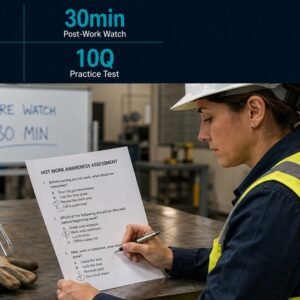 Hot work awareness practice test featured image showing a female industrial safety trainer reviewing a quiz document at a worktable with a face shield and gloves, and a 2x2 stat grid in the top bar showing 35ft radius, 30-minute watch, air check limit, and 10-question test.