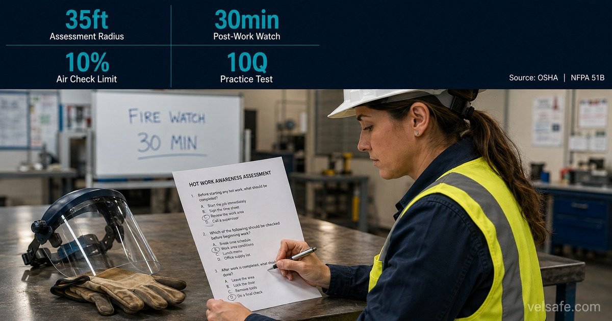 Hot work awareness practice test featured image showing a female industrial safety trainer reviewing a quiz document at a worktable with a face shield and gloves, and a 2x2 stat grid in the top bar showing 35ft radius, 30-minute watch, air check limit, and 10-question test.