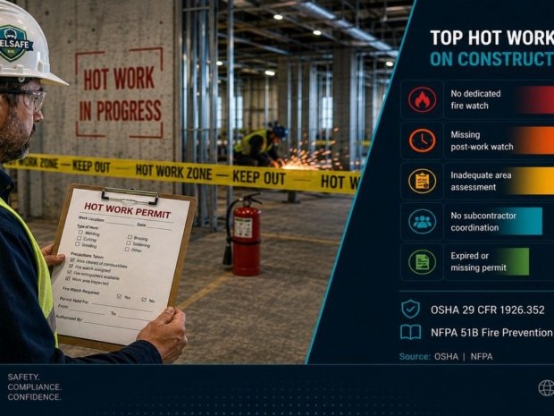 Hot work construction safety tips featured image showing a male construction supervisor holding a hot work permit clipboard in front of barrier tape at a construction site, with a horizontal bar chart of top hot work risks in a diagonal split panel overlay.