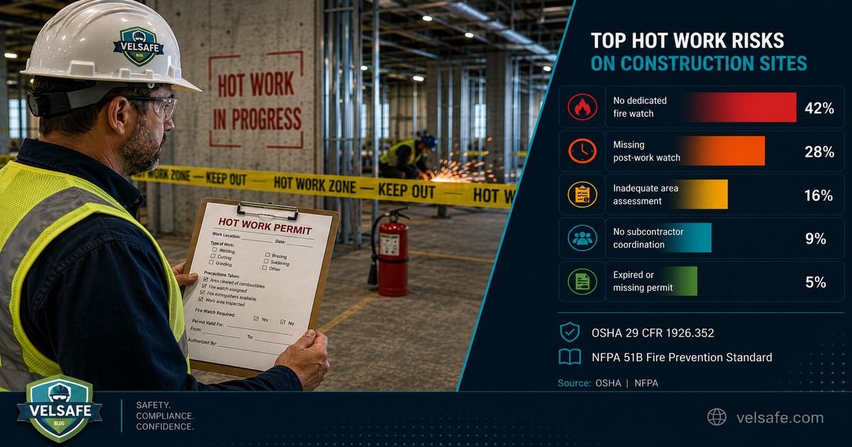 Hot work construction safety tips featured image showing a male construction supervisor holding a hot work permit clipboard in front of barrier tape at a construction site, with a horizontal bar chart of top hot work risks in a diagonal split panel overlay.