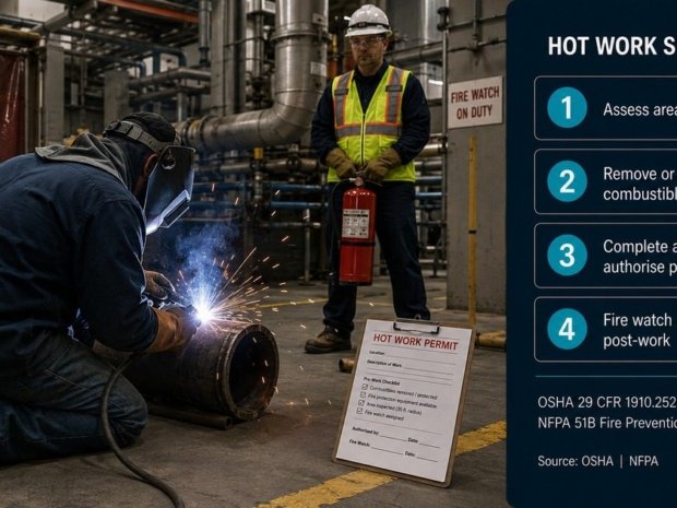 Hot work safety guide featured image showing a welder working on a metal pipe with sparks flying while a fire watch stands by with a fire extinguisher in an industrial facility, with a four-step hot work sequence overlay on the right panel.