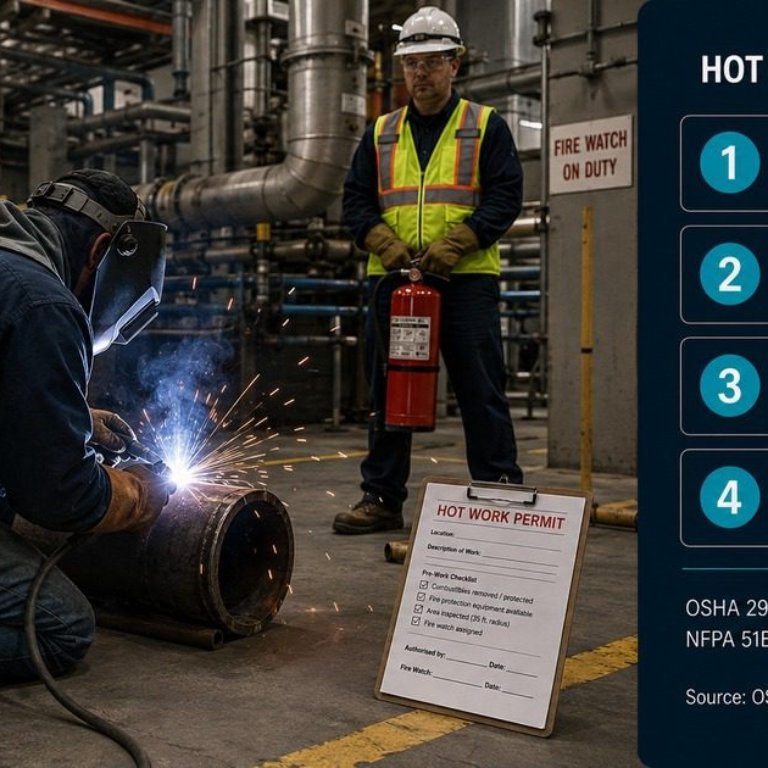 Hot work safety guide featured image showing a welder working on a metal pipe with sparks flying while a fire watch stands by with a fire extinguisher in an industrial facility, with a four-step hot work sequence overlay on the right panel.