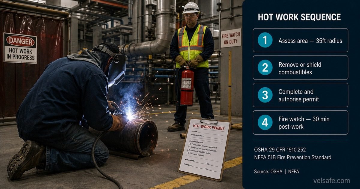 Hot work safety guide featured image showing a welder working on a metal pipe with sparks flying while a fire watch stands by with a fire extinguisher in an industrial facility, with a four-step hot work sequence overlay on the right panel.