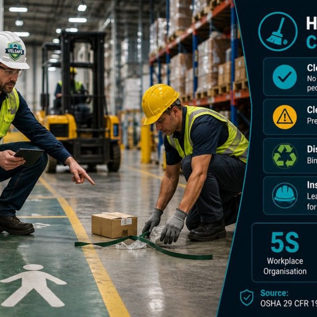 Housekeeping on the job worker safety featured image showing two warehouse workers inspecting a trip hazard on a warehouse floor beside a Housekeeping in Progress sign, with a housekeeping checklist panel showing OSHA 29 CFR 1910.22 requirements on the right.