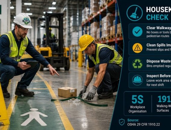 Housekeeping on the job worker safety featured image showing two warehouse workers inspecting a trip hazard on a warehouse floor beside a Housekeeping in Progress sign, with a housekeeping checklist panel showing OSHA 29 CFR 1910.22 requirements on the right.