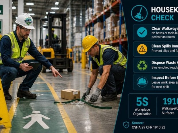 Housekeeping on the job worker safety featured image showing two warehouse workers inspecting a trip hazard on a warehouse floor beside a Housekeeping in Progress sign, with a housekeeping checklist panel showing OSHA 29 CFR 1910.22 requirements on the right.