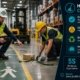 Housekeeping on the job worker safety featured image showing two warehouse workers inspecting a trip hazard on a warehouse floor beside a Housekeeping in Progress sign, with a housekeeping checklist panel showing OSHA 29 CFR 1910.22 requirements on the right.