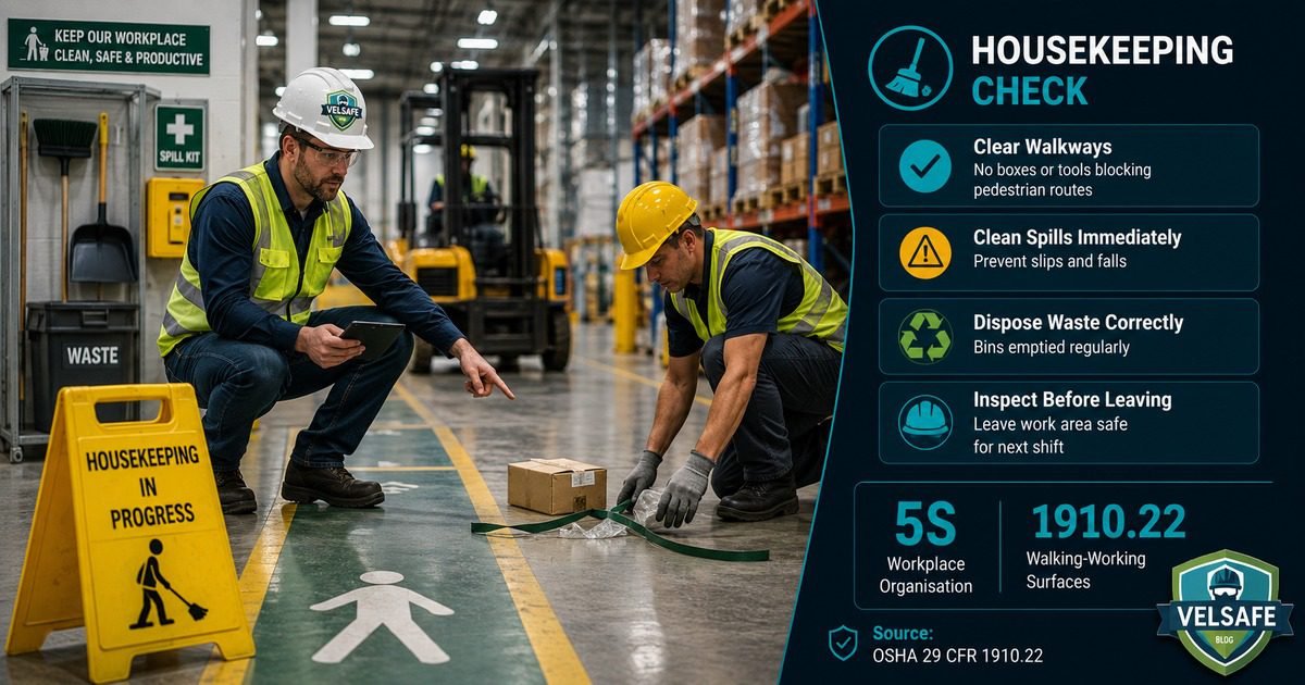 Housekeeping on the job worker safety featured image showing two warehouse workers inspecting a trip hazard on a warehouse floor beside a Housekeeping in Progress sign, with a housekeeping checklist panel showing OSHA 29 CFR 1910.22 requirements on the right.