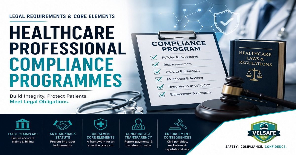 Healthcare professional compliance programmes legal requirements featured image showing a compliance programme checklist with OIG seven core elements, a Healthcare Laws and Regulations book, gavel, and stethoscope, and a five-element panel covering the False Claims Act, Anti-Kickback Statute, OIG core elements, Sunshine Act, and enforcement consequences.