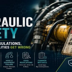 Hydraulic safety hazards regulations and insights featured image showing industrial hydraulic hoses and fittings on heavy equipment with a high-pressure gauge and Danger High Pressure Keep Away warning tag, and a five-element panel covering injection injury risk, lockout tagout, hose failure, OSHA regulations, and common facility mistakes.