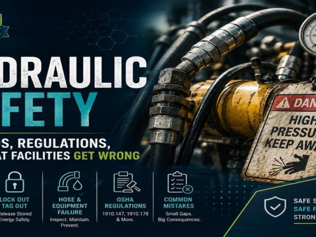Hydraulic safety hazards regulations and insights featured image showing industrial hydraulic hoses and fittings on heavy equipment with a high-pressure gauge and Danger High Pressure Keep Away warning tag, and a five-element panel covering injection injury risk, lockout tagout, hose failure, OSHA regulations, and common facility mistakes.