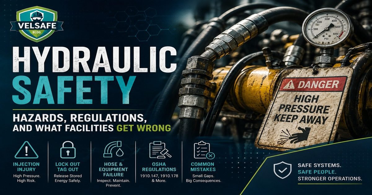 Hydraulic safety hazards regulations and insights featured image showing industrial hydraulic hoses and fittings on heavy equipment with a high-pressure gauge and Danger High Pressure Keep Away warning tag, and a five-element panel covering injection injury risk, lockout tagout, hose failure, OSHA regulations, and common facility mistakes.