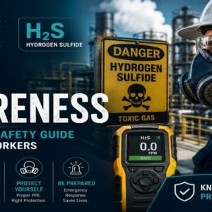 Hydrogen sulfide H2S awareness safety guide featured image showing an industrial worker in full-face respirator and hard hat at a petrochemical facility next to a Danger Hydrogen Sulfide Toxic Gas sign, with a personal H2S gas detector reading safe at 0.0 PPM and a four-element panel covering invisible hazard detection, PPE, and emergency response.