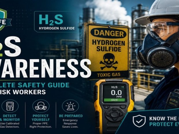 Hydrogen sulfide H2S awareness safety guide featured image showing an industrial worker in full-face respirator and hard hat at a petrochemical facility next to a Danger Hydrogen Sulfide Toxic Gas sign, with a personal H2S gas detector reading safe at 0.0 PPM and a four-element panel covering invisible hazard detection, PPE, and emergency response.