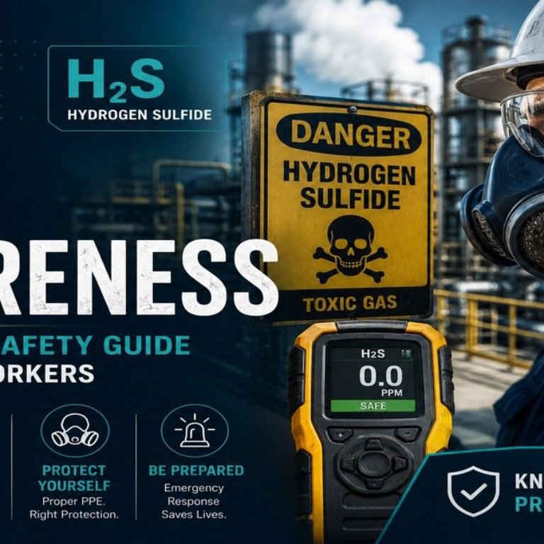 Hydrogen sulfide H2S awareness safety guide featured image showing an industrial worker in full-face respirator and hard hat at a petrochemical facility next to a Danger Hydrogen Sulfide Toxic Gas sign, with a personal H2S gas detector reading safe at 0.0 PPM and a four-element panel covering invisible hazard detection, PPE, and emergency response.