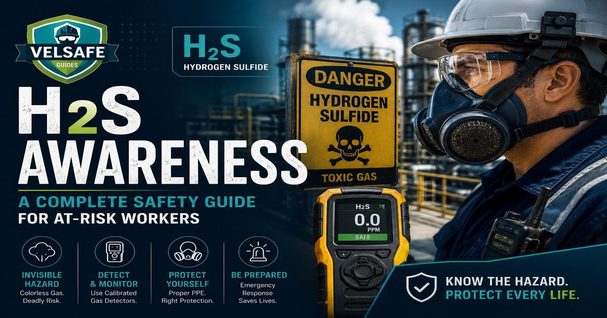 Hydrogen sulfide H2S awareness safety guide featured image showing an industrial worker in full-face respirator and hard hat at a petrochemical facility next to a Danger Hydrogen Sulfide Toxic Gas sign, with a personal H2S gas detector reading safe at 0.0 PPM and a four-element panel covering invisible hazard detection, PPE, and emergency response.
