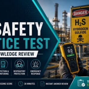 H2S safety practice test Parts 1-2 knowledge review featured image showing an industrial worker in full-face respirator at a petrochemical facility with a Danger Hydrogen Sulfide sign, holding an H2S detector reading safe, with five topic panels covering properties, exposure limits, detection, respiratory protection, and emergency response.