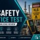H2S safety practice test Parts 1-2 knowledge review featured image showing an industrial worker in full-face respirator at a petrochemical facility with a Danger Hydrogen Sulfide sign, holding an H2S detector reading safe, with five topic panels covering properties, exposure limits, detection, respiratory protection, and emergency response.