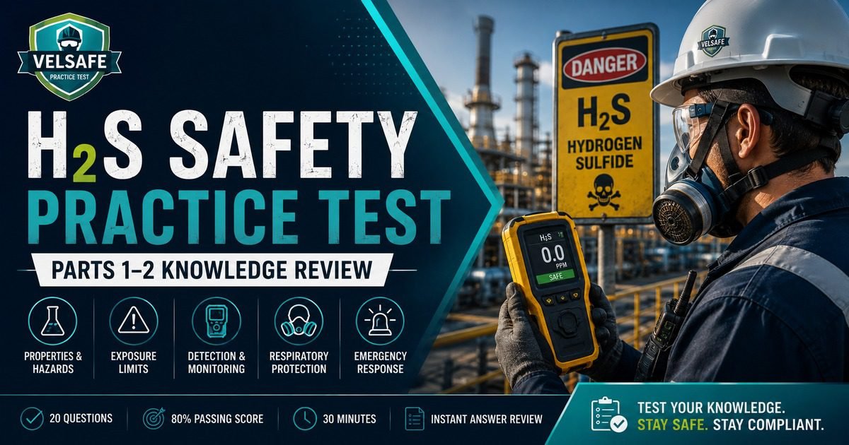 H2S safety practice test Parts 1-2 knowledge review featured image showing an industrial worker in full-face respirator at a petrochemical facility with a Danger Hydrogen Sulfide sign, holding an H2S detector reading safe, with five topic panels covering properties, exposure limits, detection, respiratory protection, and emergency response.
