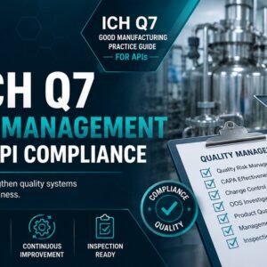 ICH Q7 quality management tips for API compliance featured image showing a pharmaceutical quality professional in cleanroom PPE at an API manufacturing facility reviewing a tablet, with a quality management checklist covering CAPA effectiveness, change control, OOS investigations, product quality reviews, and inspection readiness.