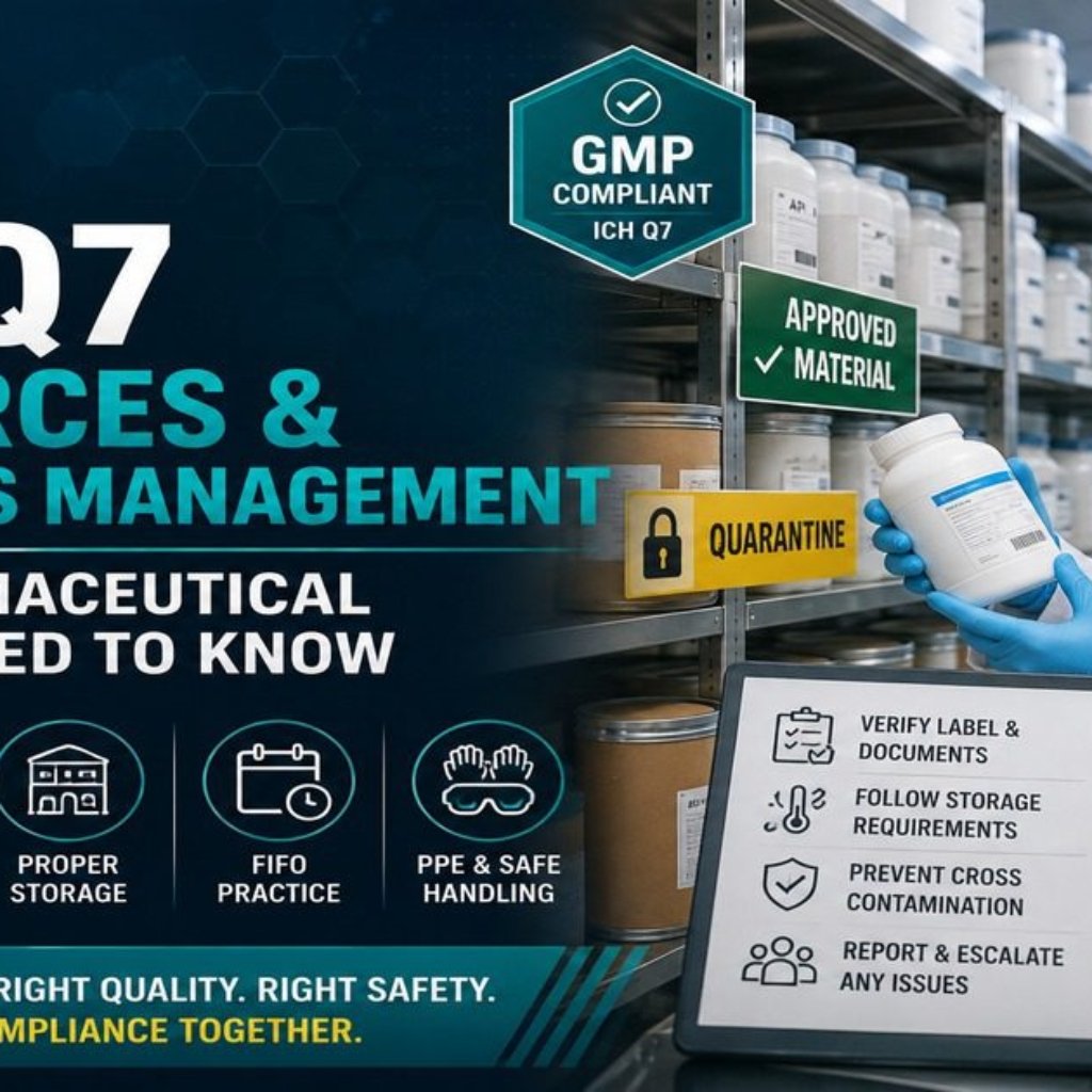 ICH Q7 resources and materials management worker safety guide featured image showing a pharmaceutical worker in lab coat and gloves checking a container label in a GMP warehouse with Approved Material and Quarantine storage signs, and a worker checklist covering label verification, storage requirements, cross contamination prevention, and issue reporting.