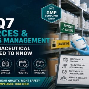 ICH Q7 resources and materials management worker safety guide featured image showing a pharmaceutical worker in lab coat and gloves checking a container label in a GMP warehouse with Approved Material and Quarantine storage signs, and a worker checklist covering label verification, storage requirements, cross contamination prevention, and issue reporting.