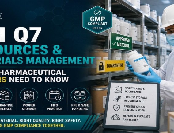 ICH Q7 resources and materials management worker safety guide featured image showing a pharmaceutical worker in lab coat and gloves checking a container label in a GMP warehouse with Approved Material and Quarantine storage signs, and a worker checklist covering label verification, storage requirements, cross contamination prevention, and issue reporting.