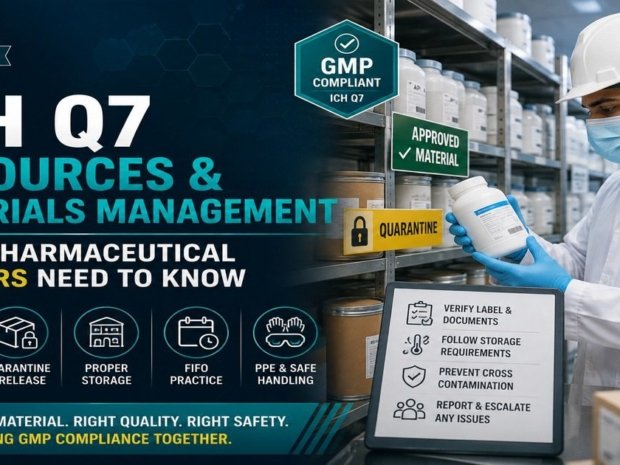 ICH Q7 resources and materials management worker safety guide featured image showing a pharmaceutical worker in lab coat and gloves checking a container label in a GMP warehouse with Approved Material and Quarantine storage signs, and a worker checklist covering label verification, storage requirements, cross contamination prevention, and issue reporting.