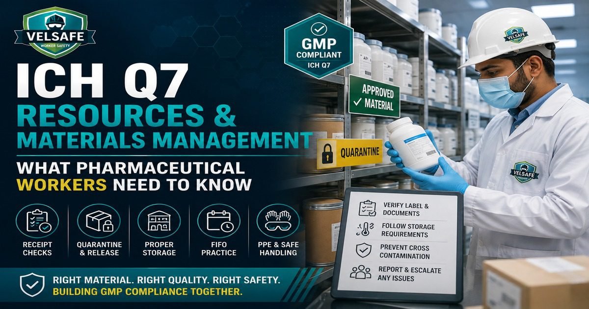 ICH Q7 resources and materials management worker safety guide featured image showing a pharmaceutical worker in lab coat and gloves checking a container label in a GMP warehouse with Approved Material and Quarantine storage signs, and a worker checklist covering label verification, storage requirements, cross contamination prevention, and issue reporting.
