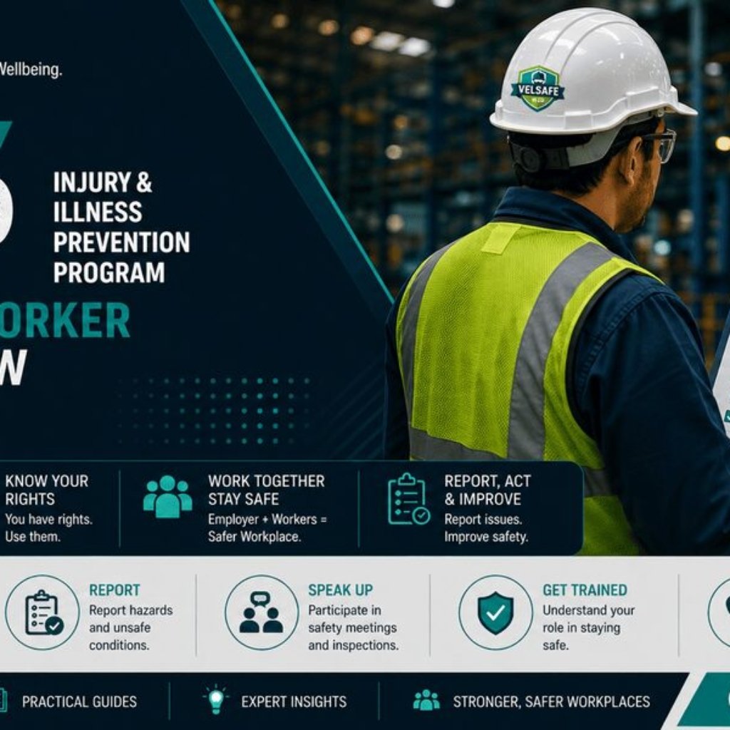 Worker in high-visibility vest and hard hat reviewing an IIPP checklist on a clipboard in a warehouse — VelSafe IIPP Worker Safety Guide