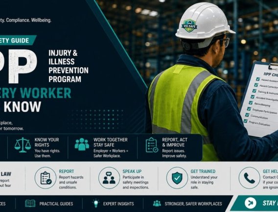 Worker in high-visibility vest and hard hat reviewing an IIPP checklist on a clipboard in a warehouse — VelSafe IIPP Worker Safety Guide
