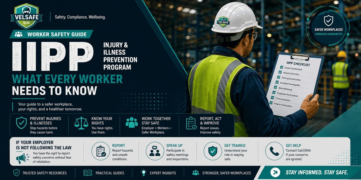 Worker in high-visibility vest and hard hat reviewing an IIPP checklist on a clipboard in a warehouse — VelSafe IIPP Worker Safety Guide