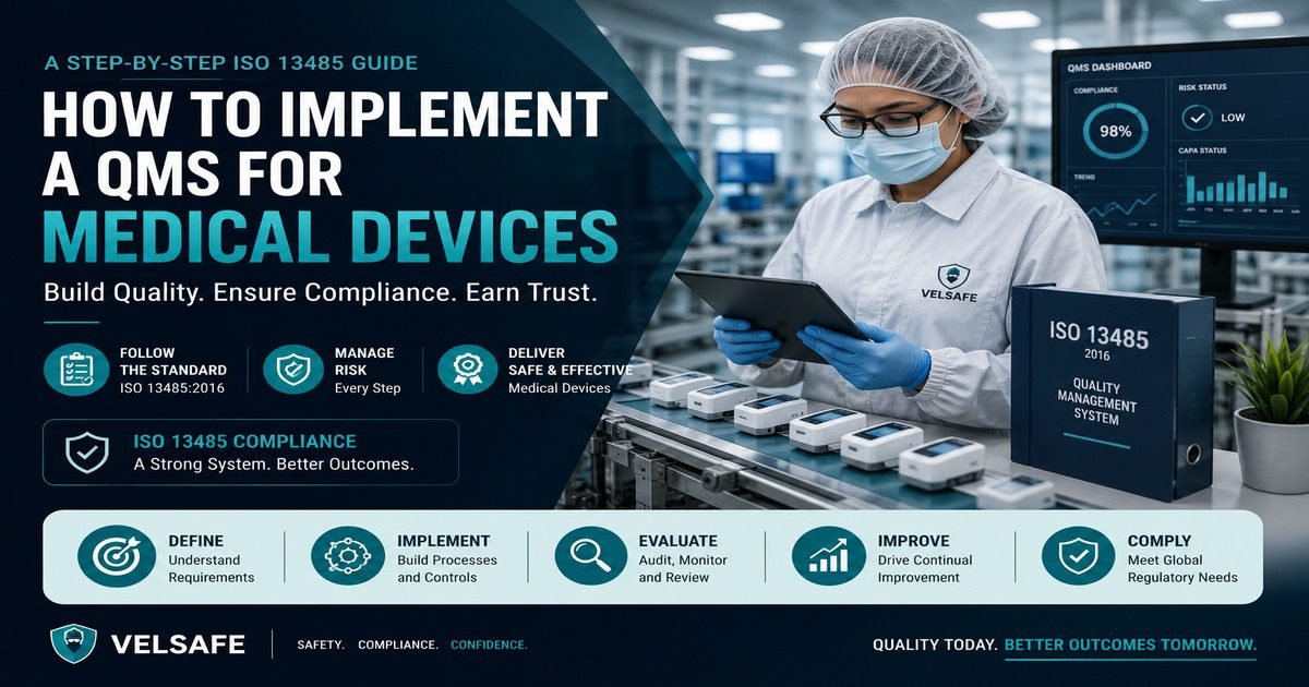 ISO 13485 QMS for medical devices implementation guide featured image showing a quality professional in cleanroom PPE reviewing a tablet at a device production line, with an ISO 13485:2016 Quality Management System binder, a QMS compliance dashboard, and a five-step framework covering define, implement, evaluate, improve, and comply.