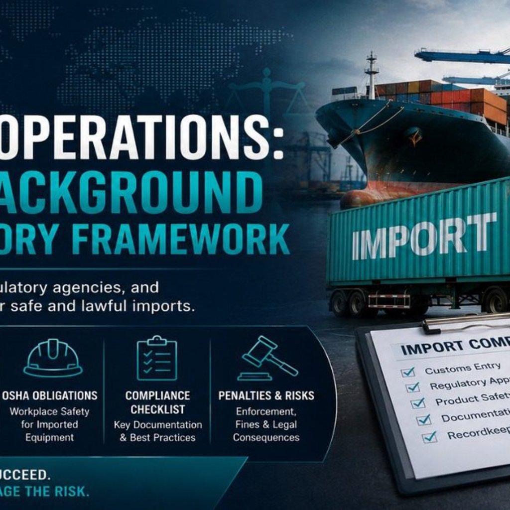 Import operations legal background and regulatory framework featured image showing a container ship at a commercial port with an Import shipping container on a truck, an Import Compliance checklist covering customs entry, regulatory approval, product safety, documentation, and recordkeeping, and a Law book.