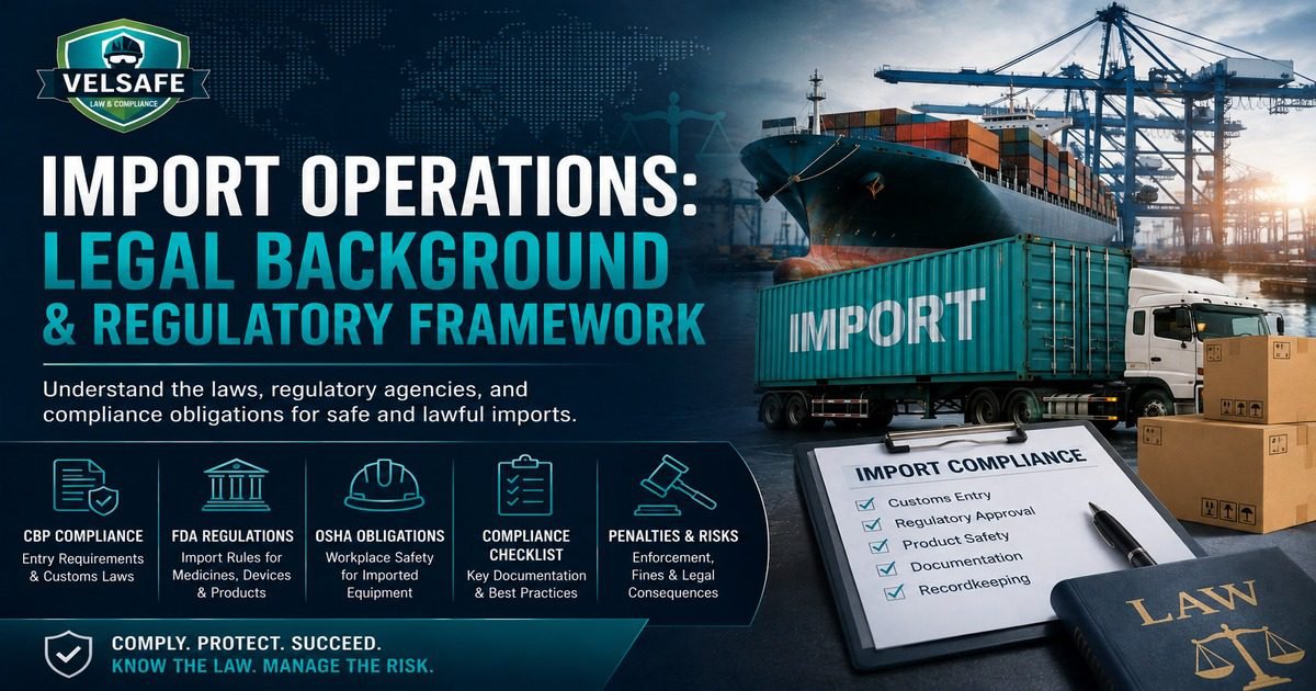 Import operations legal background and regulatory framework featured image showing a container ship at a commercial port with an Import shipping container on a truck, an Import Compliance checklist covering customs entry, regulatory approval, product safety, documentation, and recordkeeping, and a Law book.