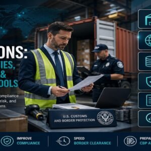 Import operations other activities guide featured image showing a male import compliance professional in a high-visibility vest reviewing documents at a US Customs and Border Protection workstation with a CBP officer in the background, and a panel showing bonded warehouses, foreign trade zones, duty drawback, CTPAT, prior disclosure, and focused assessment compliance tools.