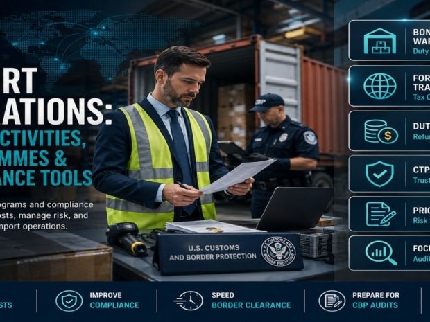 Import operations other activities guide featured image showing a male import compliance professional in a high-visibility vest reviewing documents at a US Customs and Border Protection workstation with a CBP officer in the background, and a panel showing bonded warehouses, foreign trade zones, duty drawback, CTPAT, prior disclosure, and focused assessment compliance tools.
