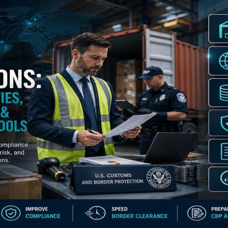 Import operations other activities guide featured image showing a male import compliance professional in a high-visibility vest reviewing documents at a US Customs and Border Protection workstation with a CBP officer in the background, and a panel showing bonded warehouses, foreign trade zones, duty drawback, CTPAT, prior disclosure, and focused assessment compliance tools.