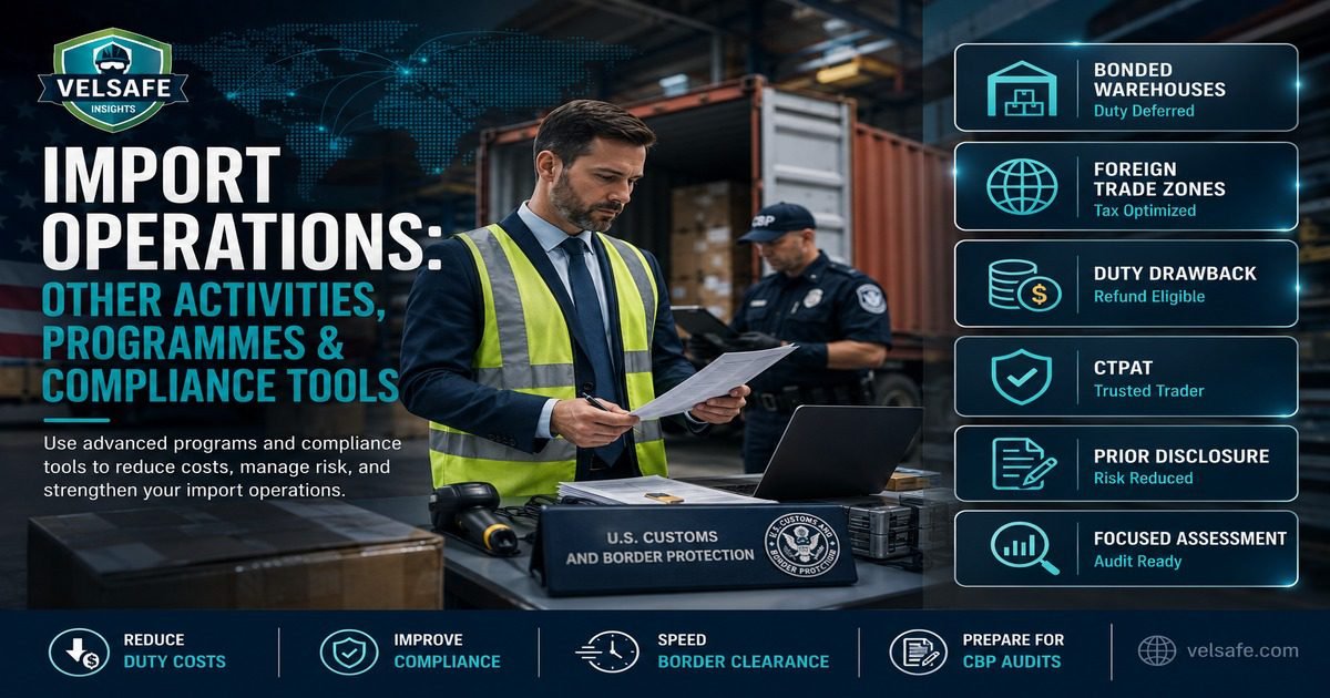 Import operations other activities guide featured image showing a male import compliance professional in a high-visibility vest reviewing documents at a US Customs and Border Protection workstation with a CBP officer in the background, and a panel showing bonded warehouses, foreign trade zones, duty drawback, CTPAT, prior disclosure, and focused assessment compliance tools.