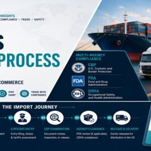 The US import process insights featured image showing a container ship and truck at a commercial port with a six-stage import journey diagram covering pre-arrival ISF filing, transport, customs entry, CBP examination, agency clearance for FDA and OSHA compliance, and release and delivery, alongside a multi-agency compliance panel showing CBP, FDA, and OSHA logos.