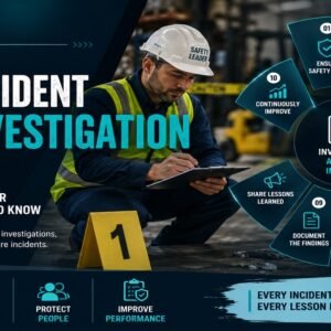 10 incident investigation tips for safety managers featured image showing a Safety Leader in hard hat and high-visibility vest documenting an incident scene with a numbered evidence marker, and a circular investigation wheel covering scene preservation, root cause identification, contributing factors, corrective actions, documentation, and lessons learned.