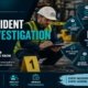 10 incident investigation tips for safety managers featured image showing a Safety Leader in hard hat and high-visibility vest documenting an incident scene with a numbered evidence marker, and a circular investigation wheel covering scene preservation, root cause identification, contributing factors, corrective actions, documentation, and lessons learned.