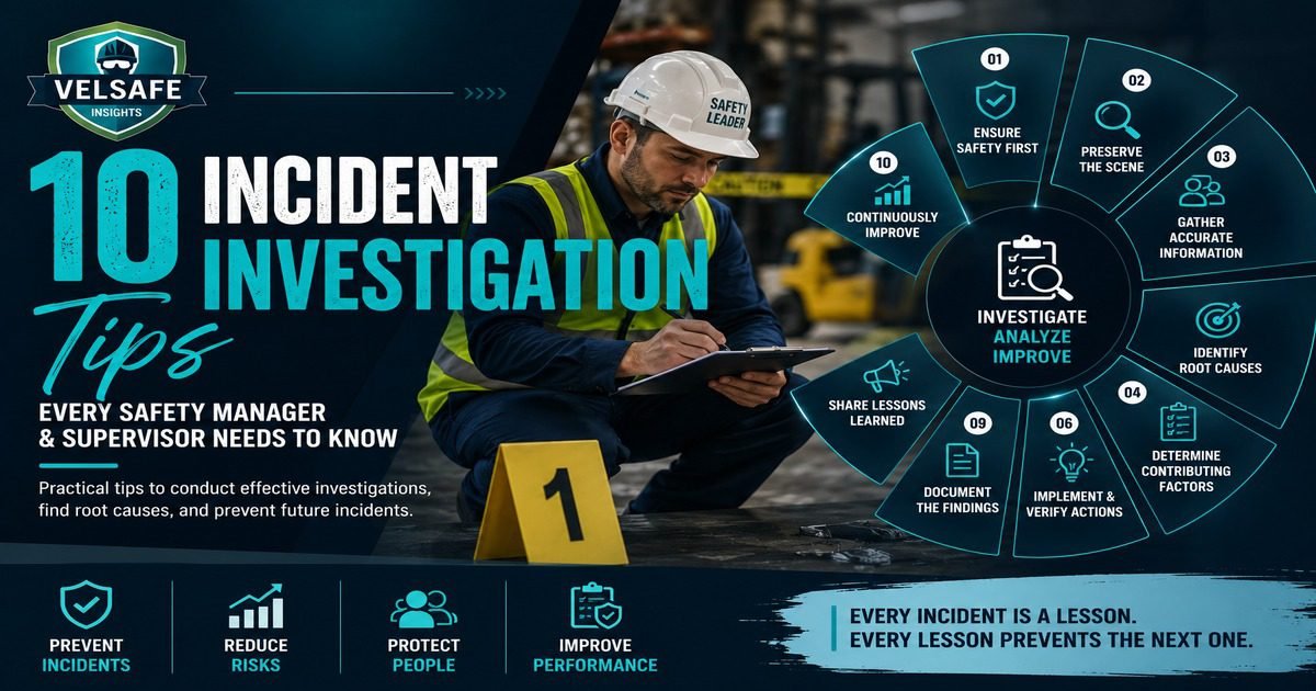 10 incident investigation tips for safety managers featured image showing a Safety Leader in hard hat and high-visibility vest documenting an incident scene with a numbered evidence marker, and a circular investigation wheel covering scene preservation, root cause identification, contributing factors, corrective actions, documentation, and lessons learned.
