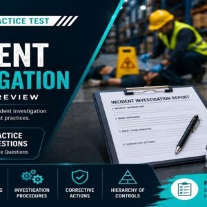 Incident investigation practice test featured image showing a warehouse safety incident with a worker assisting a fallen colleague, an Incident Investigation Report clipboard covering incident information, root cause analysis, and corrective actions, an Incident Investigation notebook, hard hat, and safety glasses, with a panel covering root cause analysis, OSHA reporting, investigation procedures, corrective actions, and hierarchy of controls.