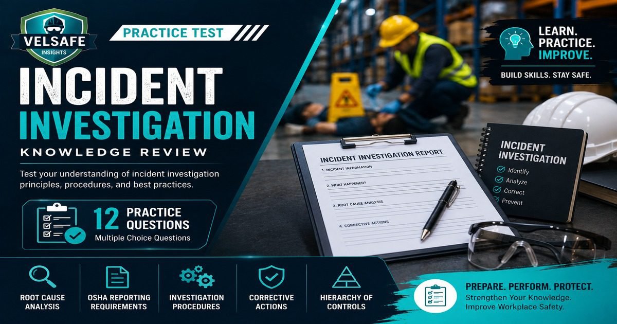 Incident investigation practice test featured image showing a warehouse safety incident with a worker assisting a fallen colleague, an Incident Investigation Report clipboard covering incident information, root cause analysis, and corrective actions, an Incident Investigation notebook, hard hat, and safety glasses, with a panel covering root cause analysis, OSHA reporting, investigation procedures, corrective actions, and hierarchy of controls.