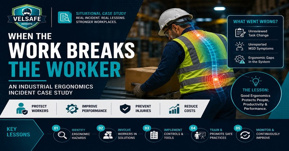 Industrial ergonomics incident case study featured image showing a warehouse worker lifting a box with ergonomic injury indicators on the spine and lower back, a What Went Wrong panel listing unreviewed task change, unreported MSD symptoms, and ergonomic system gaps, and a key lessons timeline covering hazard identification, worker involvement, controls, training, and continuous improvement.