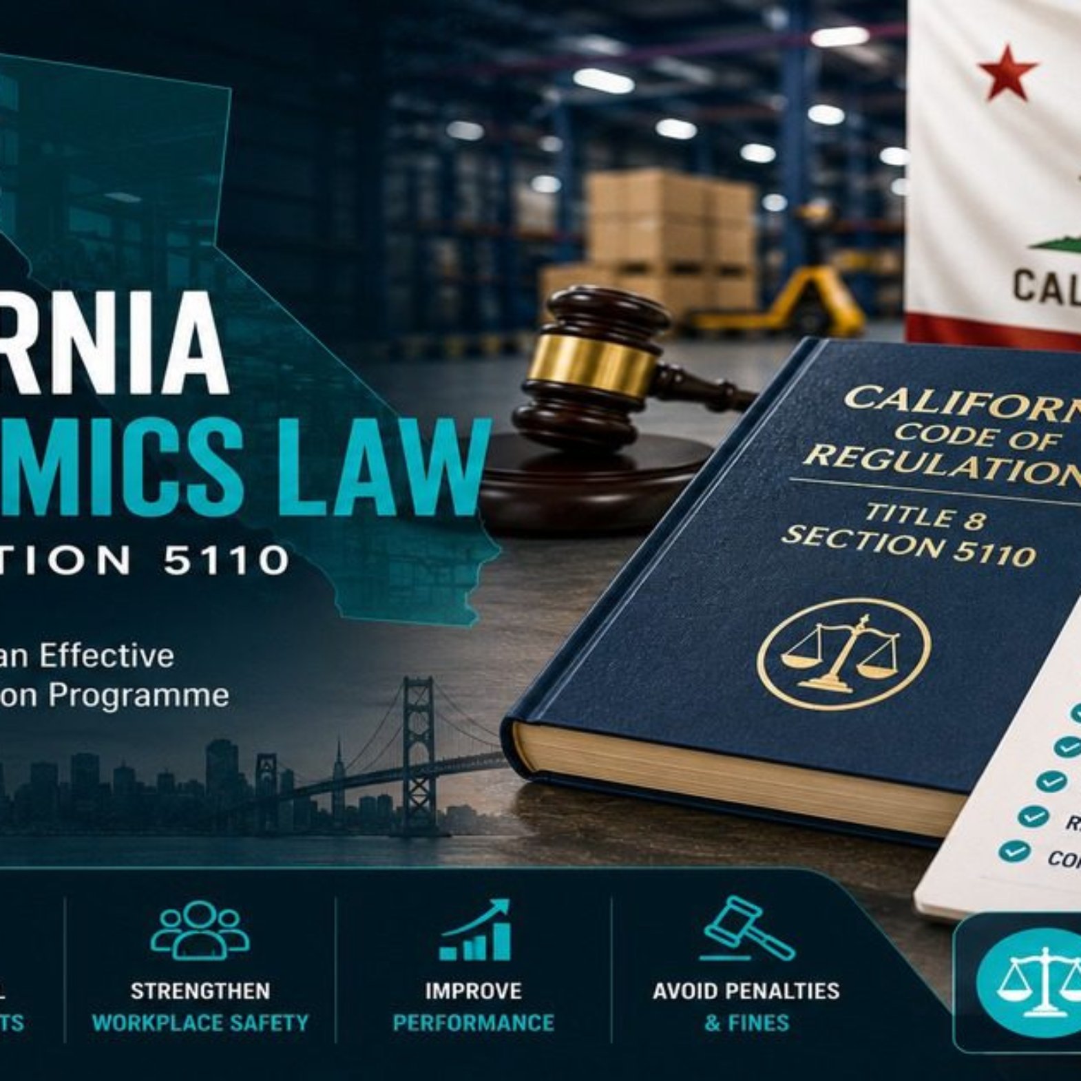 California ergonomics law featured image showing the California Code of Regulations Title 8 Section 5110 book with a gavel, California state flag, Ergonomics Safety hard hat, and a compliance checklist listing RMI programme, employee involvement, hazard assessment, engineering controls, training, recordkeeping, and continuous improvement.