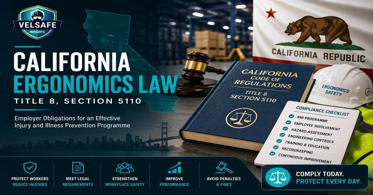 California ergonomics law featured image showing the California Code of Regulations Title 8 Section 5110 book with a gavel, California state flag, Ergonomics Safety hard hat, and a compliance checklist listing RMI programme, employee involvement, hazard assessment, engineering controls, training, recordkeeping, and continuous improvement.